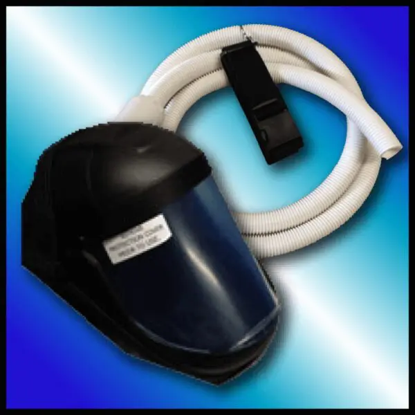 A black-colored Ratchet Respirator shield with a breathing tube