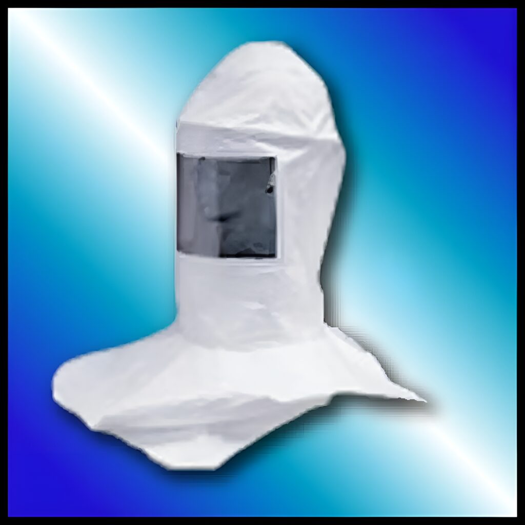 A white hooded mask is sitting on top of a blue background.