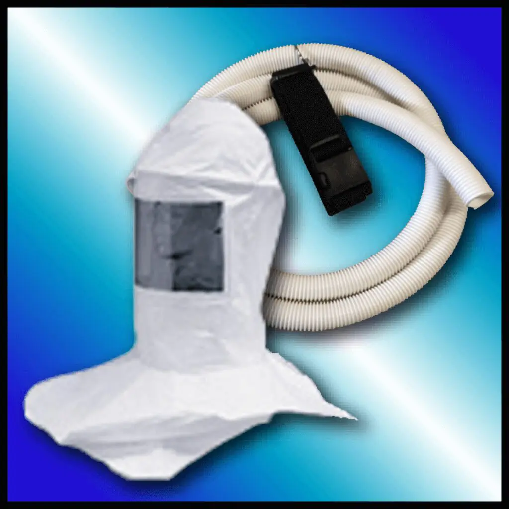 A white-colored ratchet respirator shield with breathing tube