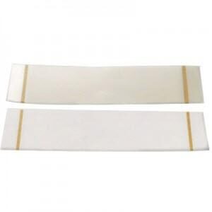 A pair of white strips with gold lines on them.