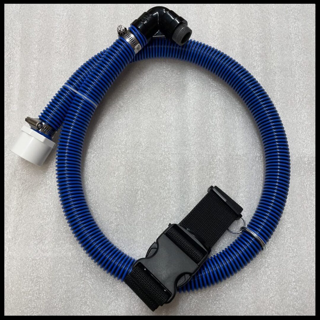 A blue hose with a black strap around it.