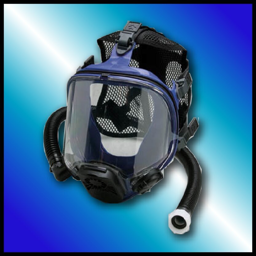 A blue and black gas mask with a hose attached to it.