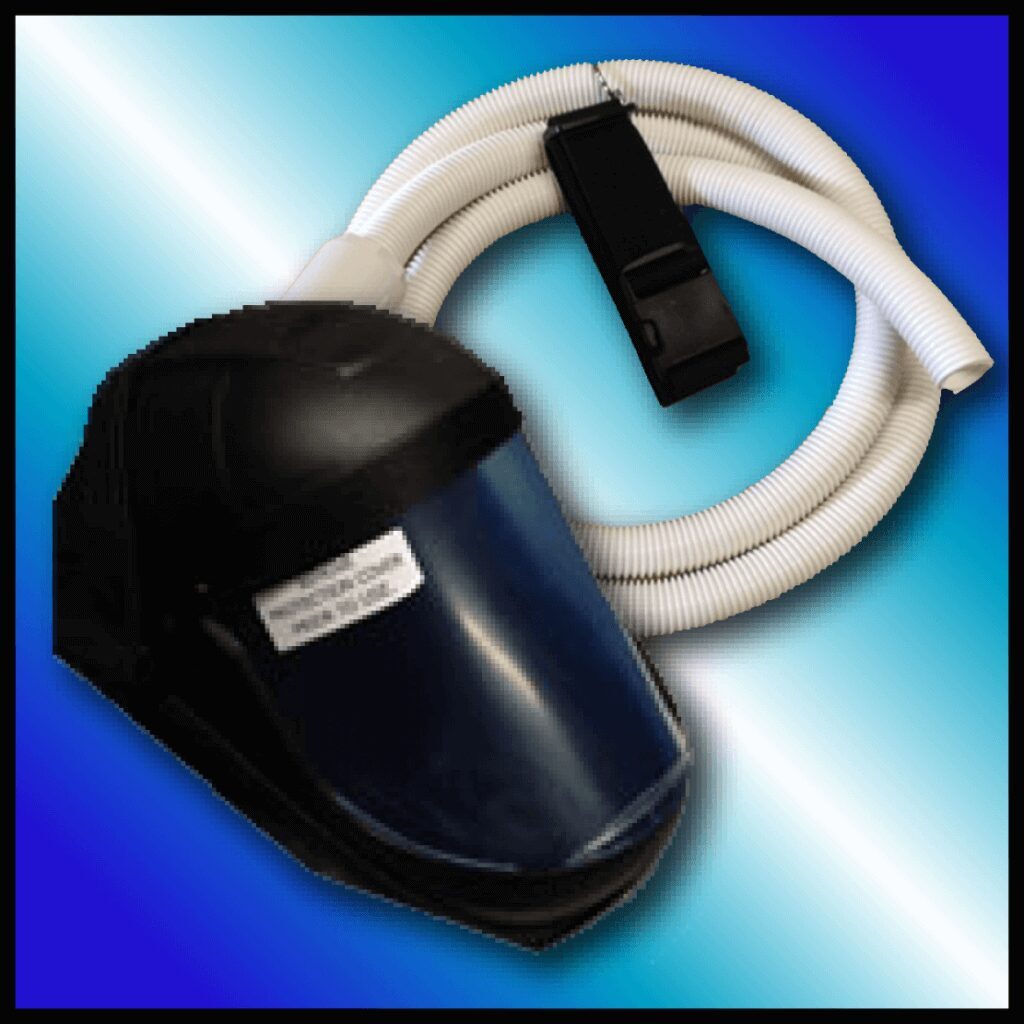 A black helmet and white hose on a blue background.