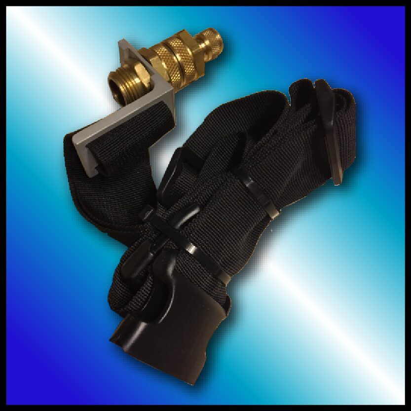 A black glove and a brass valve on a blue background